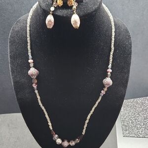 Elegant Pink And Lilac Glass Beaded Necklace and Earring Set